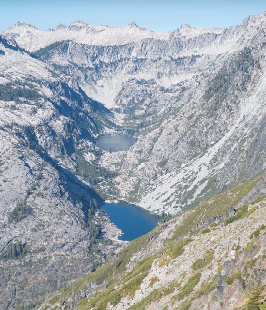 Aerial view of Sapphire Lake (upper) and Emerald Lake (lower) nestled in the granite peaks of the Trinity Alps Wilderness, Northern California — the photo from an REI map cover that inspired the return to backpacking